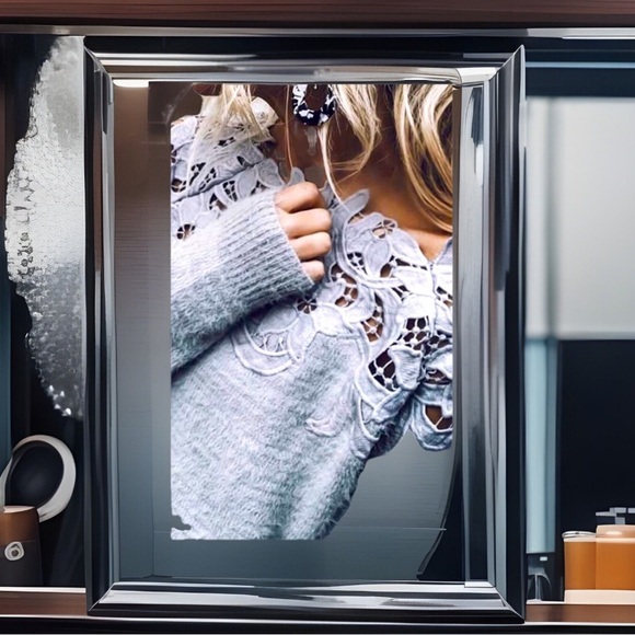 SOO SOFT Lovely Lace Trim Neck Patchwork Plush Like Fabric Greyish Blue Sweater - Picture 3 of 9